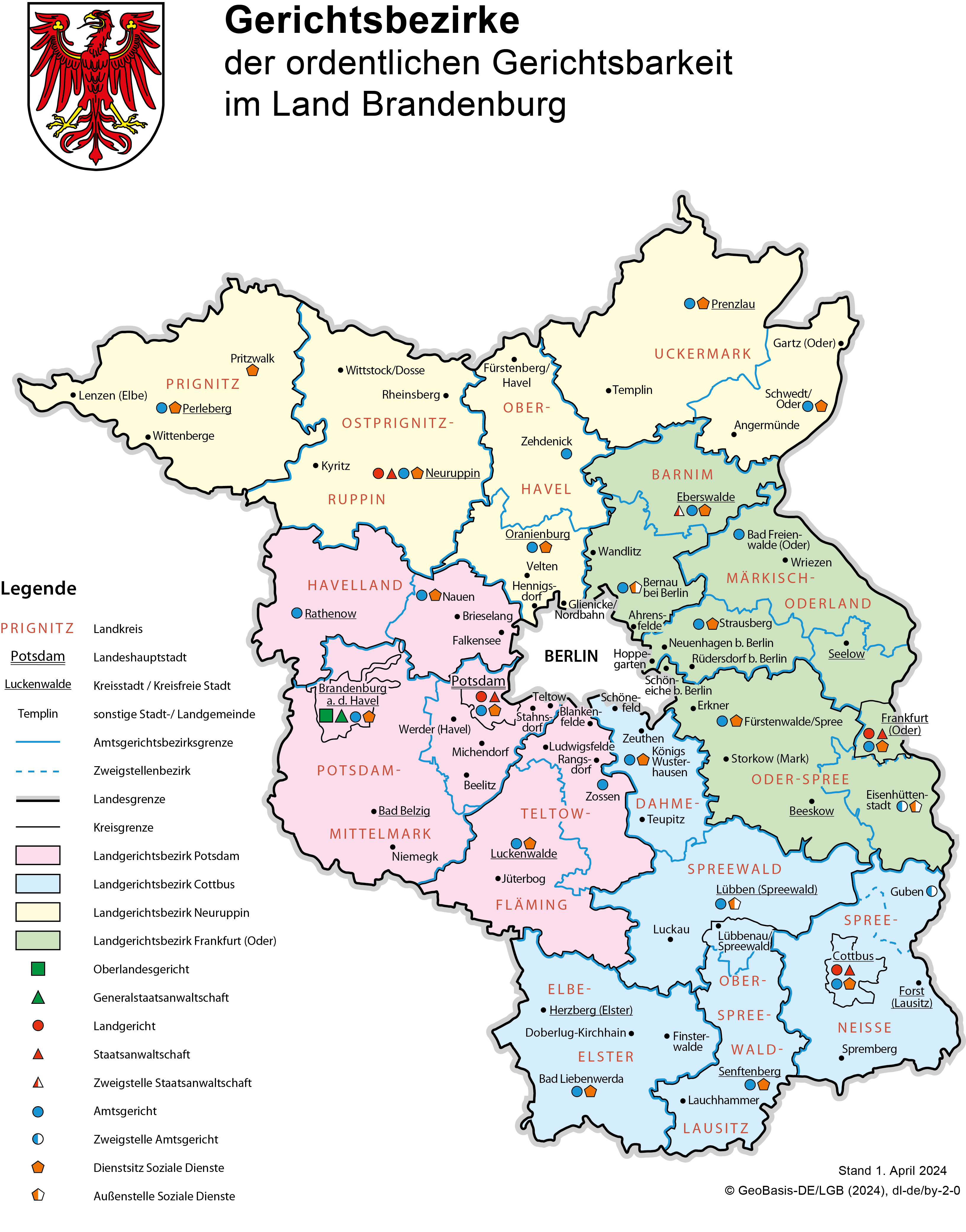 Vergrößerte Ansicht: Kartendarstellung der Gerichte und Gerichtsbezirke des Landes Brandenburg