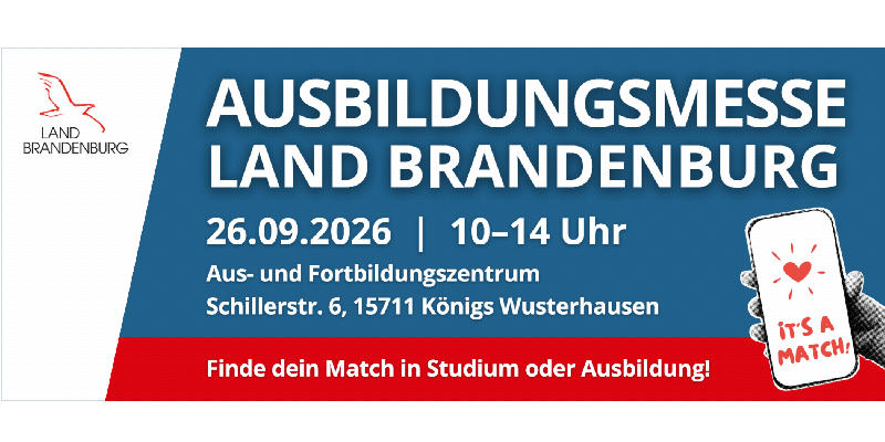 Bild: Link zur Ausbildungsmesse des Landes Brandenburg am 26.09.2026 in Königs Wusterhausen