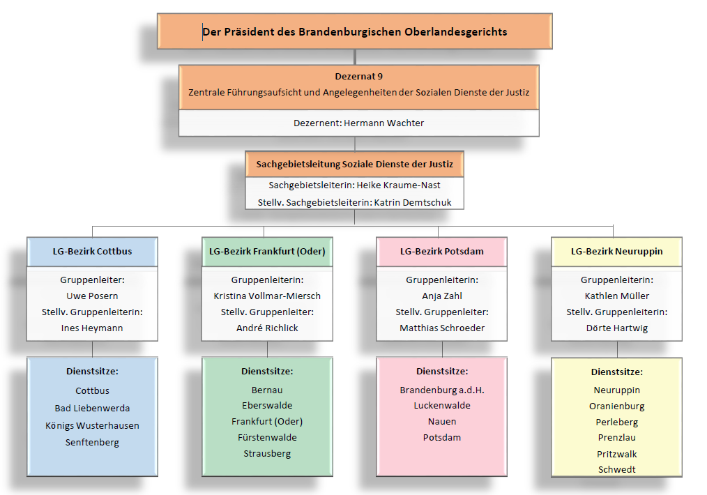 grafische Darstellung des Organigramms der Sozialen Dienste der Justiz beim Brandenburgischen Oberlandesgericht