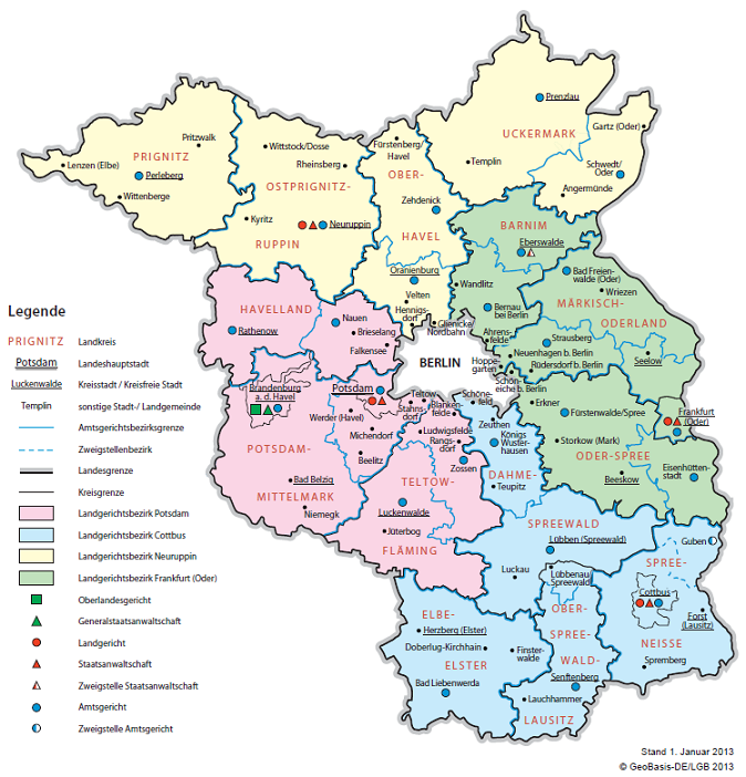 Vergrößerte Ansicht: Kartendarstellung der Gerichte und Gerichtsbezirke des Landes Brandenburg